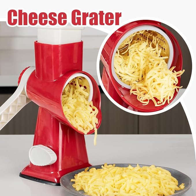 Cheese Grater Hand Crank Rotary Vegetables Shredder with Handle, 3-in-1 Graters with Interchangeable Blades and Strong Suction Base Multifunctional Slicer for Kitchen