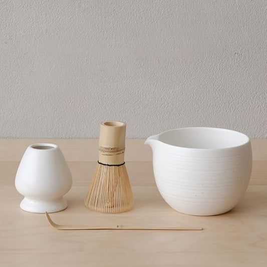 Matcha Whisk Set, Ceramic Matcha Bowl & Whisk Holder, Bamboo Accessory, Modern Design (White, Pouring Spout)