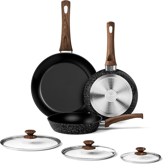 Innerwell Frying Pan Set With Lids - Non Stick Frying Pans Set 3 Pcs, Nonstick Skillet Pans Set Egg Omelette Pan W/Lid, PFOA Free, Induction Non Toxic Cooking Black Pan Set