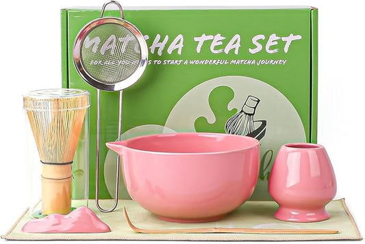 Matcha Whisk Set, 7 Pcs Matcha Kit with Matcha Bowl, Spout, Whisk and Holder, Bamboo Scoop and Stainless Steel Sifter, Japanese Matcha Set for Ceremony, Gift for Matcha Lover