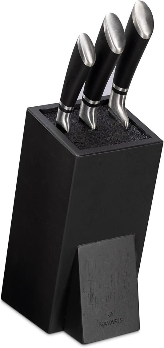 Navaris Universal Knife Block Holder - Rubber Wood Stand with Bristles to Fit Different Sizes of Knives - Angled Design, 9.8" x 5.9" x 4.1’" - Black