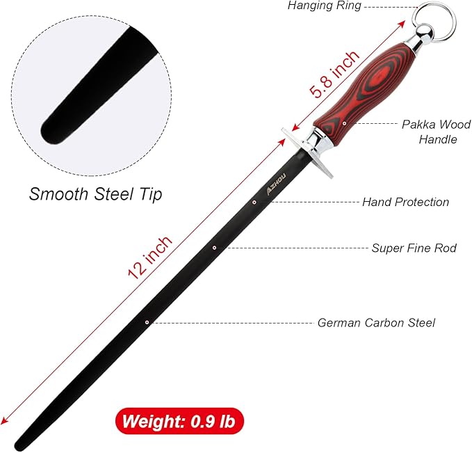 Azhou 12 Inch Superfine Sharpening Steel for Knives, HRC 66±1 German Carbon Steel Knife Sharpener with Oxidation-treated, Knife Sharpening Rod with Wooden Handle, Professional Honer Rod
