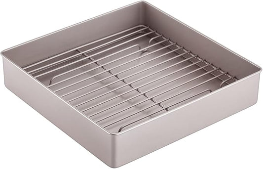 CHEFMADE Roasting Pan with Rack, 11-Inch Non-Stick Square Deep Dish Cake Pan with Wire Rack for Oven Baking, BBQ, Jelly Roll and Roasting 11.2" x 11.2" x 2.4" (Champagne Gold)