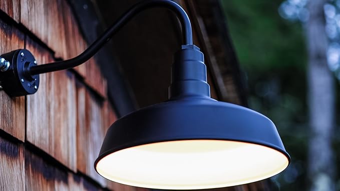 Steel Lighting Co. Gardena Barn Light | Outdoor Wall Mounted | 16" Dome | Upslope Gooseneck | Farmhouse Light Made in America | Black Exterior/White Interior