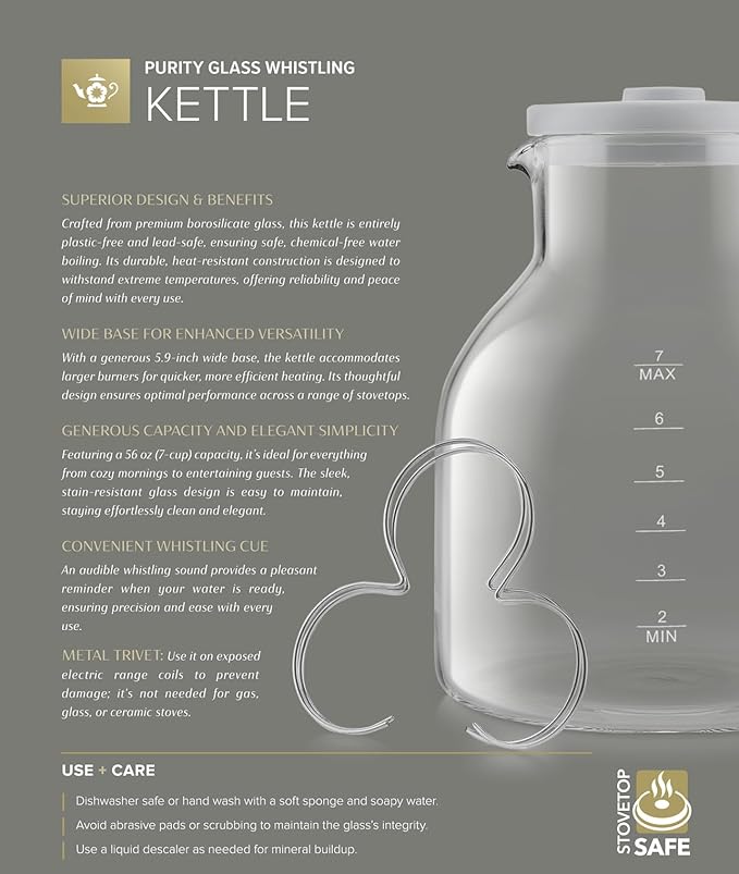 Teabloom Purity Glass Whistling Kettle – 100% Plastic-Free, Premium Borosilicate Glass, 56 oz (7-Cup) Capacity, Stovetop Safe, Lead-Safe & Chemical-Free Water Boiling with Whistle Cue