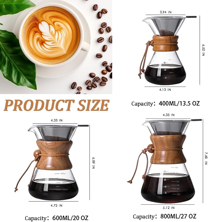 Pour Over Coffee Maker with Reusable Stainless Steel Drip Filter, Lead-Free Borosilicate Glass Coffee Carafe with Modern Wooden Collar for 1-4Cup, Circular Clear (600ml/20oz)
