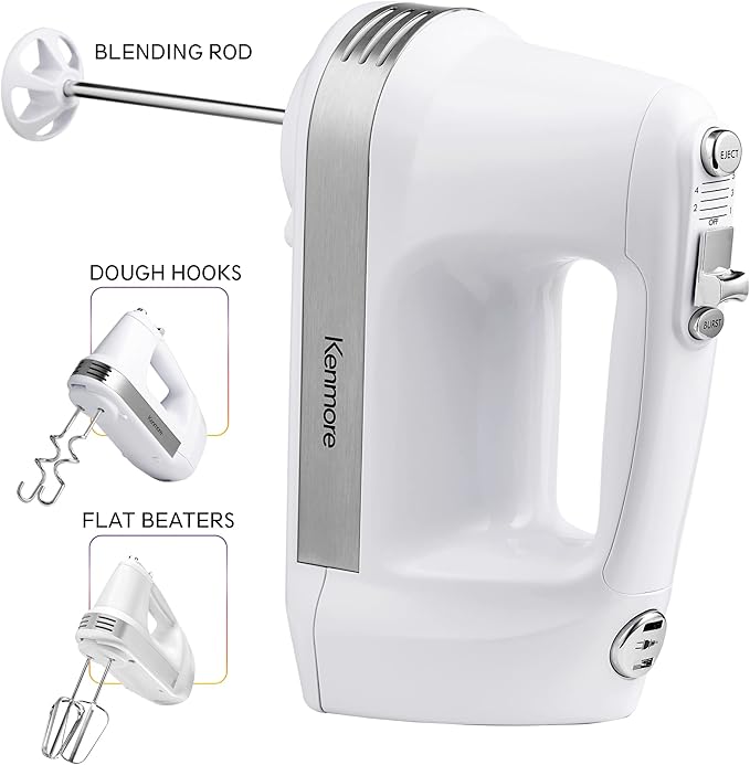 Kenmore Electric Hand Mixer – 5 Speed Handheld Blender, Electric Egg Beater with Whisk, Beater, Dough Hooks, Storage Case, Turbo Boost for Cake Mix, Batidora de Mano Eléctrica