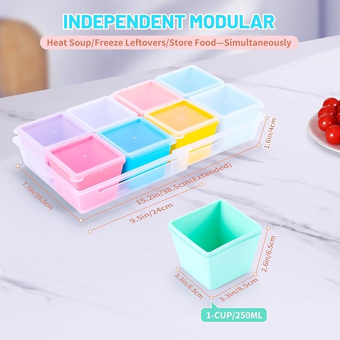 Gemice BPA-Free Silicone Freezer Molds with Base, Individual 8-Pack 1-Cup Portion Soup Cubes Freezer Tray with Lids for Food Storage, Oven & Dishwasher Safe, Silicone Freezer Containers for Meal Prep