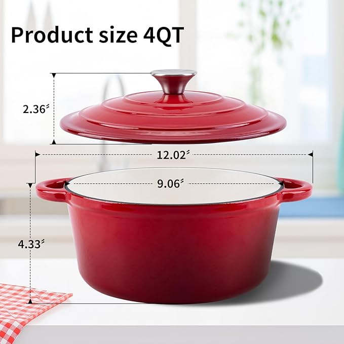 Enameled Cast Iron Dutch Oven Pot with Lid Heavy-Duty Cookware for Bread Baking, Braising, Stews, Roasting,4QT，red
