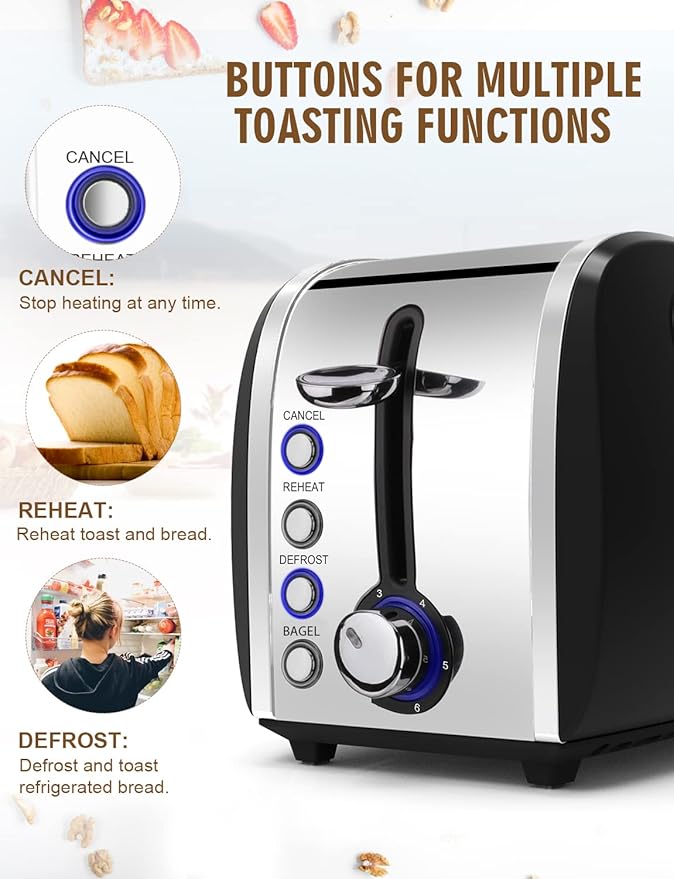 Toaster 2 Slices, Stainless Steel JEWJIO Retro Toaster with 1.5" Extra Wide Slot for 6 Bread Shades Setting/Bagel/Defrost/Reheat/Cancel Function/Removable Crumb Tray 800W, Matte Black