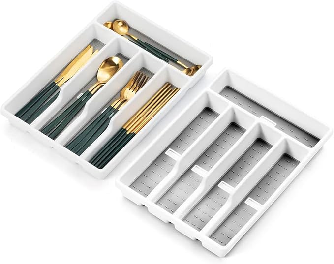 Cutesun Silverware Drawer Organizer Tray, Desktop Plastic Drawer Storage, Cutlery Storage for Kitchen Drawer, Flatware and Utensil Holder Divider for Spoons Forks Knives Tableware, 5 Compartment, Gray