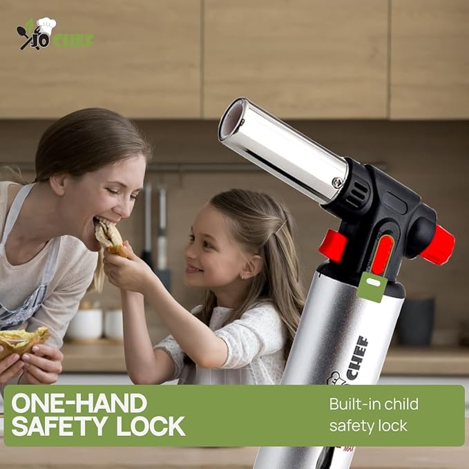 Jo Chef Butane Torch Lighter, Cooking Torch - Refillable Adjustable Flame Lighter with Safety Lock for BBQ, Baking, Brulee Creme, DIY + FREE Recipe eBook (Butane Not Included)