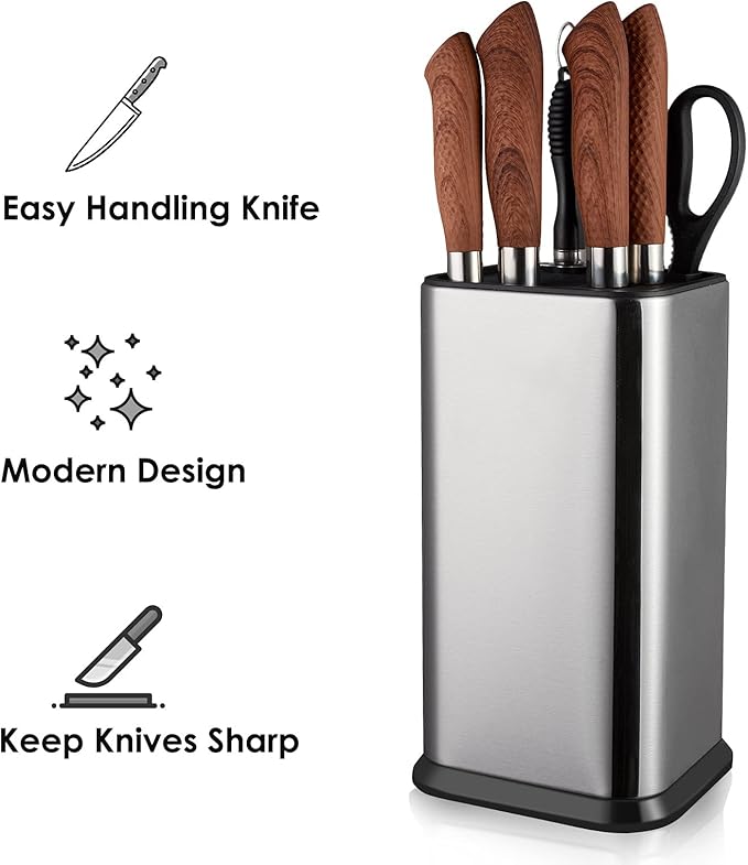 Universal Knife Block Without Knives,Modern Knife Holder for Kitchen Counter,Stainless Steel Knife Organizer with Scissors Slot & Sharpening Rod,Space Saver Rectangular Blocks & Storage - (Silver)