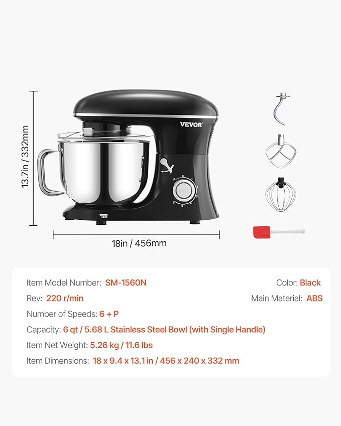 VEVOR Stand Mixer, 6 QT Dough Mixer, 660W 6 + P Speeds Tilt-head Food Mixer with Stainless Steel Bowl, Dough Hook, Wire Whip, Flat Beater, Scraper,Household Stand Mixer for Baking & Mixing, Black