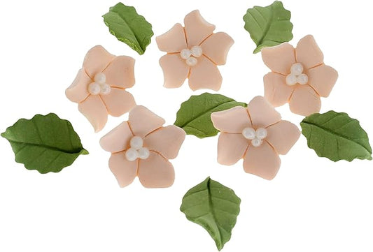 Global Sugar Art Blossoms and Leaves Edible Sugar Cake & Cupcake Flowers, Peach, Small Unwired, 24 Count with leaves by Chef Alan Tetreault