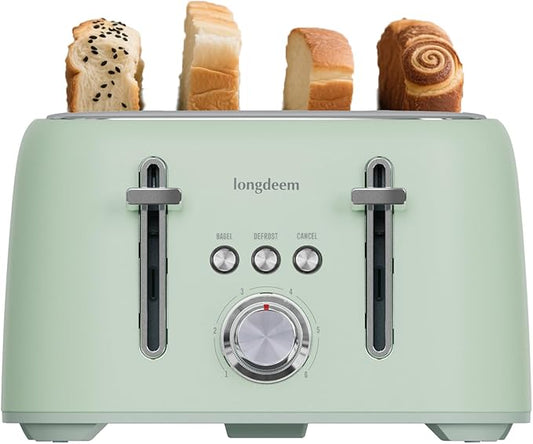 LONGDEEM 4-Slice Toaster 1.5" Extra Wide Slot Stainless Steel with High Lift Lever, 6 Presets & Bagel/Defrost/Cancel Function, Removal Crumb Tray, Under Base Cord Storage, Green