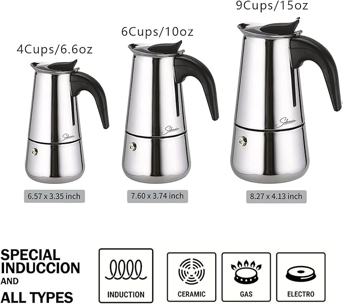 Coffee Maker 9 Cup Moka Pot Stainless Steel Percolator coffee pot Espresso Maker, Compatible with Gas, Electric, Ceramic, and Induction stovetops(15 fl oz/450 ml)