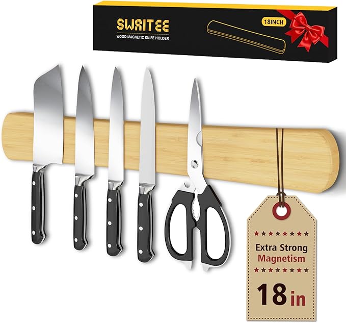 Magnetic Knife Holder for Wall, 18 Inch Large Bamboo Knife Magnetic Strip, Housewarming Gifts for New Home, Kitchen Wall Storage Space Savers, Farmhouse Kitchen Utensil Organizer Essentials