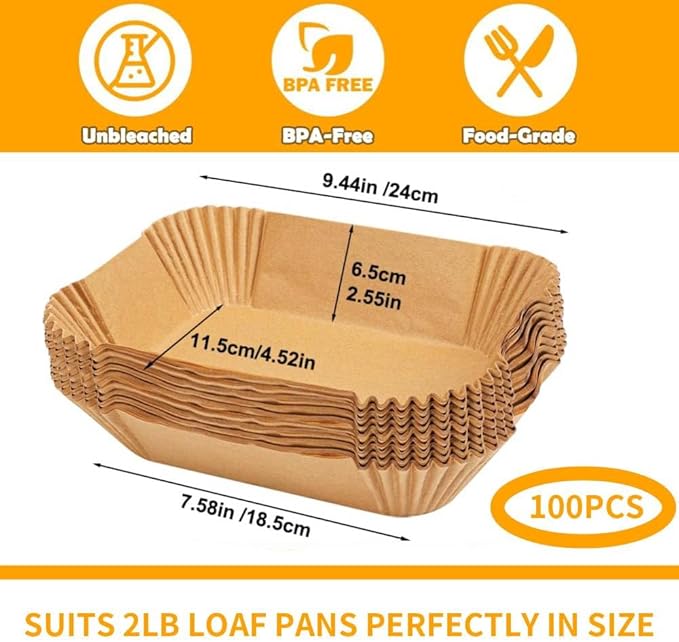 Air Fryer Liners Disposable, 9x5In Food Grade Air Fryer Liners, 100Pcs Loaf Pan Liners, Non-Stick Pre Formed Parchment Paper - Rectangle Parchment Paper Sheets for Baking Bread for Ninja DZ201