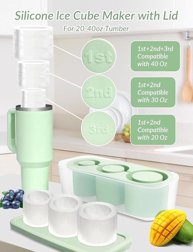 Ice Tray Mold for Stanley Cup, 2025 Tumbler Cup Ice Mold, Silcone Ice Cube Tray with Lid for Tumbler, Easy Fill and Release Ice Maker for Whiskey, Cocktail BPA-Free.30-40 oz