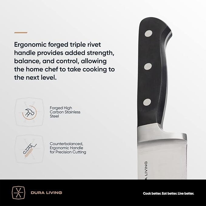 DURA LIVING Chef's Knife Set, 4 Piece Cutlery Knife Set, Superior Forged High Carbon Stainless Steel Ultra Sharp 8 Inch Chef, 7 Inch Santoku, 5 Inch Utility, 3.5 Inch Paring Knives, Black