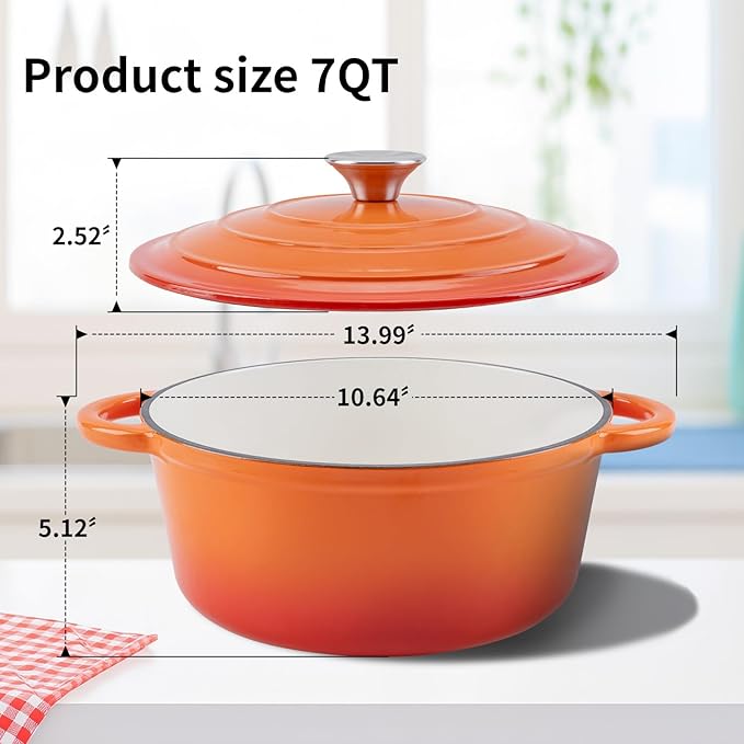 Enameled Cast Iron Dutch Oven Pot with Lid Heavy-Duty Cookware for Bread Baking, Braising, Stews, Roasting,7QT，orange