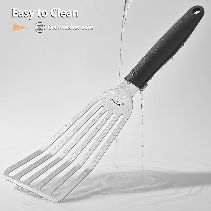 Fish Spatula Stainless Steel, Metal Spatula for Cast Iron Skillet, Slotted Turner with Silicone Handle for Cooking, Grilling, Flipping, Egg, Cookie, Pancake and Burger (Small, 11.7 Inch)