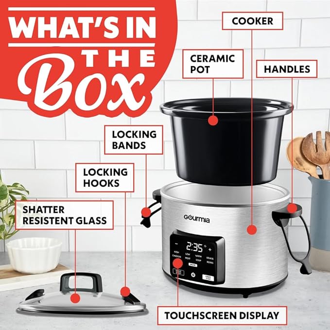 Gourmiia 4.5 Qt Programmable Slow Cooker with 5 Presets, Slow Cook, Digital Timer, Keep Warm Function, Nonstick Interior, Dishwasher Safe (White)