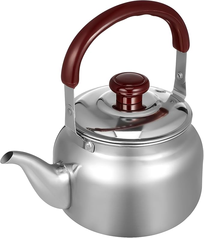 LIFKOME Traditional Stainless Steel Heavy Duty Tea Kettle With Sandwich Bottom and Specialty Cool Touch Handling Mirror Finish Stainless Steel Whistling Tea Kettle Stove Top