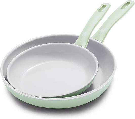 GreenPan Dover 8” & 10” 2 Piece Frying Pan Skillet Set, Non-Toxic PFAS-Free Ceramic Nonstick Coating, Sear Saute Fry Egg Omlete, Dishwasher & Oven Safe, Stay Cool Handle, Easy Pour Rims, Pastel Green