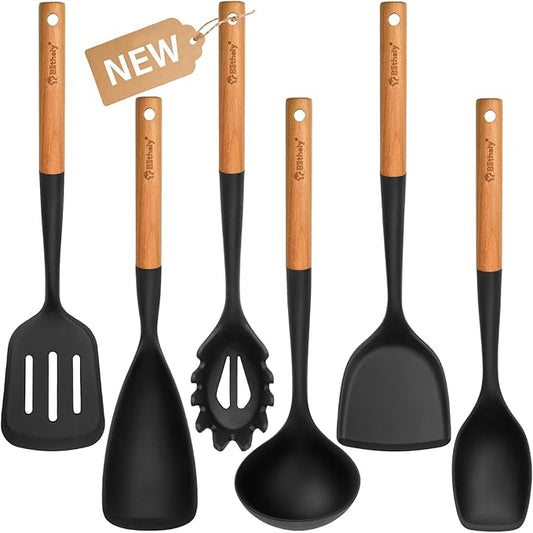 Large Silicone Kitchen Utensils Set, 6 PCS Nonstick Cooking Utensils Set with Wooden Handle, Heat Resistant and BPA Free Silicone Utensil Spatula Set for Cooking with Turner, Spoon and Ladle(Black)