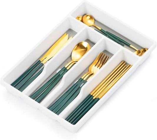 Cutesun Silverware Drawer Organizer Tray, Desktop Plastic Drawer Storage, Cutlery Storage for Kitchen Drawer, Flatware and Utensil Holder Divider for Spoons Forks Knives Tableware, 5 Compartment, Gray