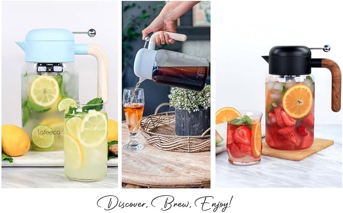 LAFEECA Iced Tea Maker and Infuser - Large Jug with Airtight Lid for Cold Brew - Stainless Dual Ultra Filter - Tritan Pitcher - 2000 ml / 68 oz - Black