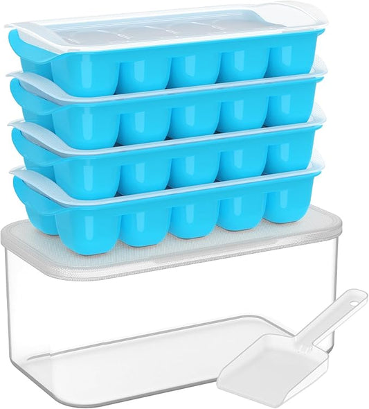 DOQAUS Ice Cube Tray with Lid and Bin, 4 Pack Easy Pop Out Silicone Ices Cubes Trays for Freezer with Cover, Stackable Compact Ice Bucket Kits, for Soup, Food, Cocktail, Coffee