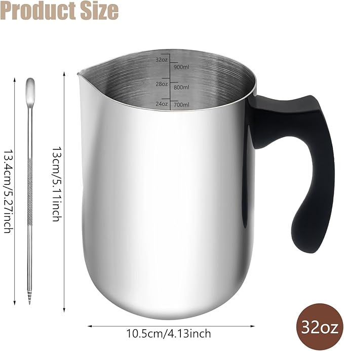 Milk Frothing Pitcher, 32oz Milk Frother Cup 304 Stainless Steel Steaming Pitcher with Art Pen Milk Coffee Jug Cup with Heat-resistant Handle and Scale