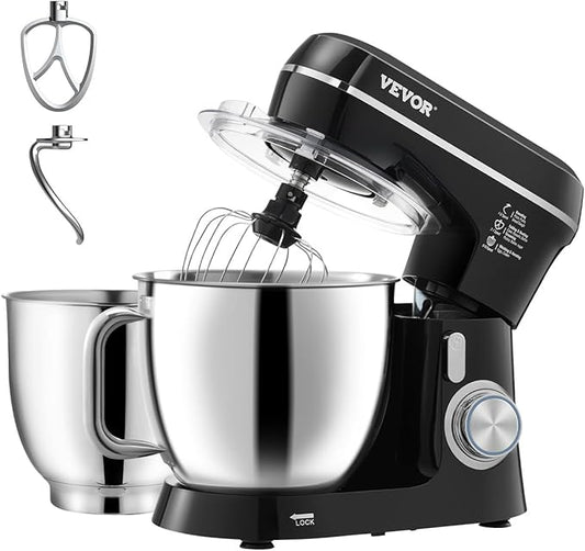 VEVOR Stand Mixer, 5.3QT + 4.4QT Two Stainless Steel Bowls, 10+P Speeds Tilt-head Food Mixer, Kitchen Mixer with Dough Hook, Wire Whip, Beater, Scraper, Household Stand Mixer for Baking Mixing, Black