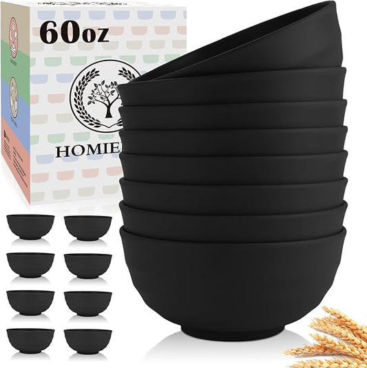 Homienly Unbreakable Big Bowl Set of 8: Alternative to Large Plastic Bowls - 60oz Wheat Straw Bowls for Salad, Soup & Cereal, Microwave & Dishwasher Safe for Everyday Use & Picnics - Black