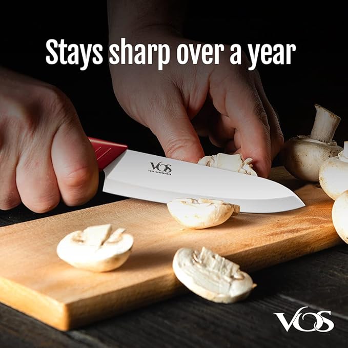 Vos Ceramic Knife Set in Elegant Gift Box, Ceramic Knives Set For Kitchen, Ultra Sharp Kitchen Knife Set with Covers, 4" 5" 6" Paring, Santoku & Chef Knife, Lightweight, Dishwasher safe (Red Handle)