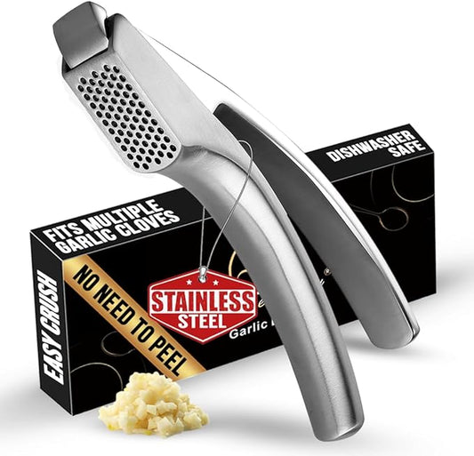 No Peeling Required Garlic Press Stainless Steel with Detachable Handle for Fine Mincing - Premium Garlic Mincer Tool, Rust-Proof, Easy to Clean, Dishwasher Safe Garlic Crusher with 5-Year Warranty