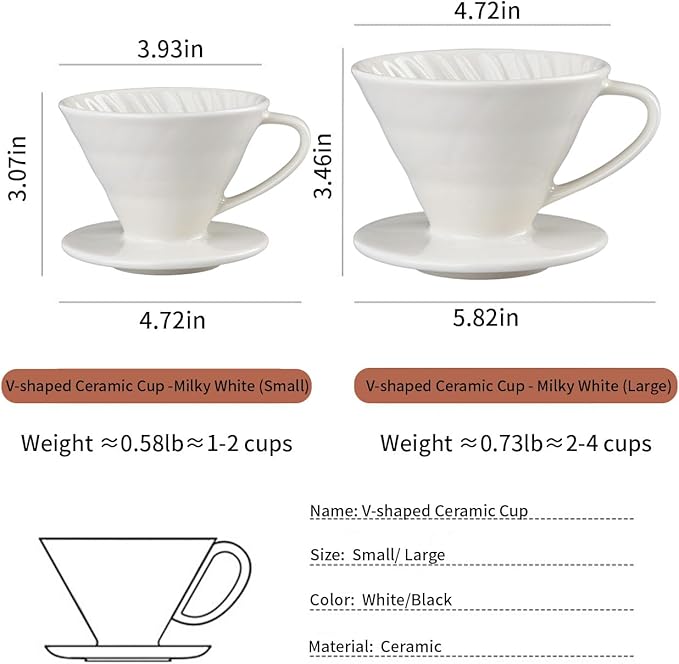 Pour Over Coffee Maker, Single Cup Coffee Dripper, Manual Porcelain Slow Brewing Accessories for Travel, Camping, Office, Home, Cafe, Coffee Gifts (Milky White, Large)