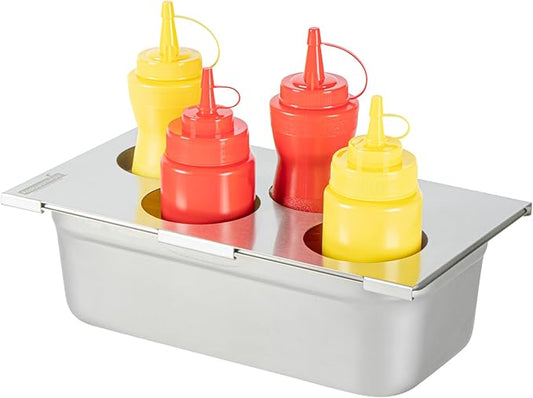 Restaurantware Squeeze Bottle Template Pack of 1 Stainless Steel 4 Hole Holder Top, 3.25" Diameter Fits 1/3 Size Food Pans, Dishwasher Friendly Integrated Lip Design Holder Top for Condiment Bottles