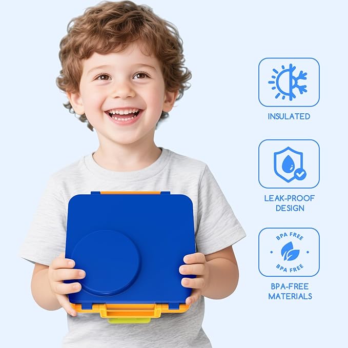 Bento Box for Kids - Leak-Proof Bento Lunch Box with Insulated Thermos Food Jar - 4 Compartments, 1 Removable Divider, 1Spoon, 1 Fork - Dishwasher Safe, BPA-Free (Blue)