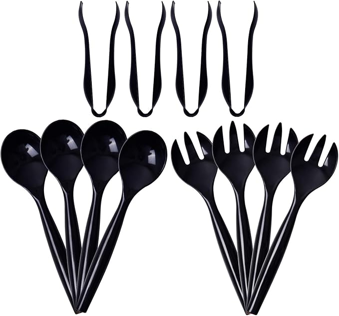 Supernal 72pcs Plastic Serving Utensils Heavy Duty Disposable Serving Tongs Black Disposable Serving Set 10" Spoons 10" Forks 6" Tongs Each 24pcs