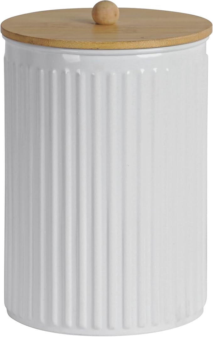 Kitchen Canister Set of 3 Tea Coffee Sugar Containers with Airtight Bamboo Lids Food Flour Storage for Countertop Metal White Vertical Stripe Pattern Embossed Farmhouse Decor