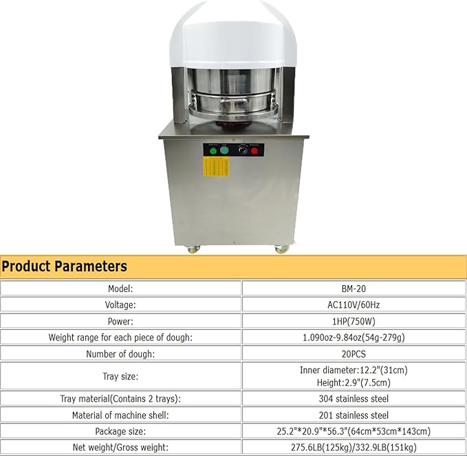 Electric Automatic Dough Divider 20pcs, Commercial Dividing Cutting Machine, Stainless Steel Cutter for Bakery, Pizzeria, 110V