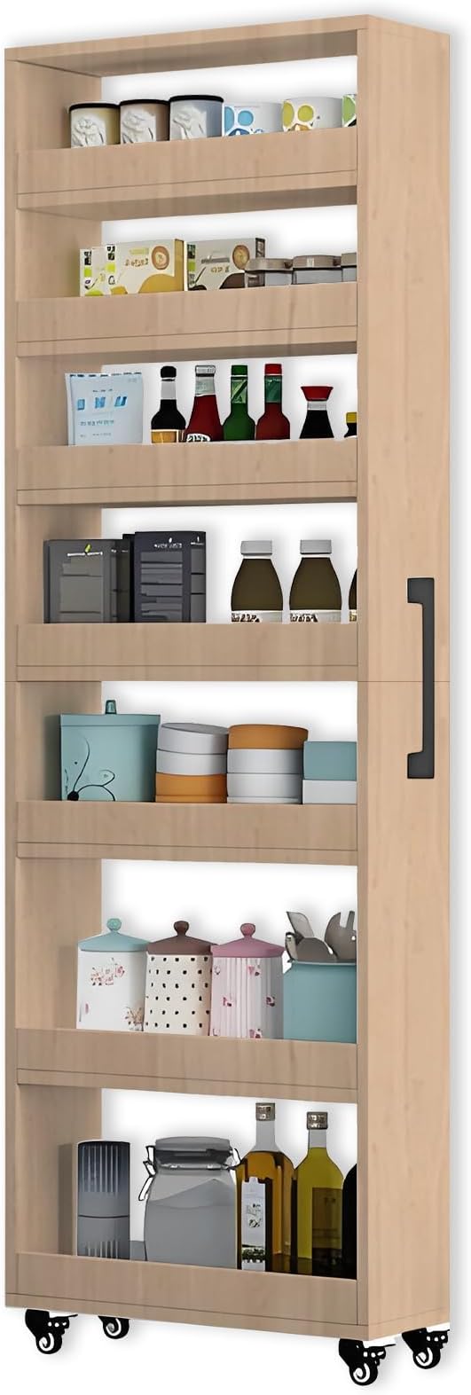 7-Tier Slim Storage Cart, Wooden Rolling Pantry Cabinet with Wheels, Narrow Shelf Organizer for Kitchen, Bakers Rack, Dining Room, Closet, Small Spaces Light Walnut 47.2" H*9.8" W*16.9" D