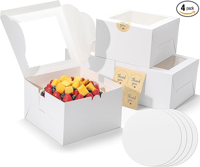 Small Cake Boxes 8 Inch with Window, 4 Set Bakery Boxes with Cake Boards & Stickers, Cupcake Box for Birthday, Party, Wedding, Mother's Day, Valentine's Day, Christmas（8x8x5 inch）
