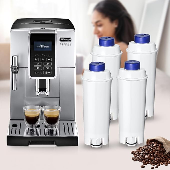 DLSC002 Water Filter Replacement for DeLonghi Espresso Machines – Compatible with Dinamica Plus, Magnifica EVO, Start, XS, Eletta Explore, ECAM, ESAM, EC680, BCO, 4 Pack