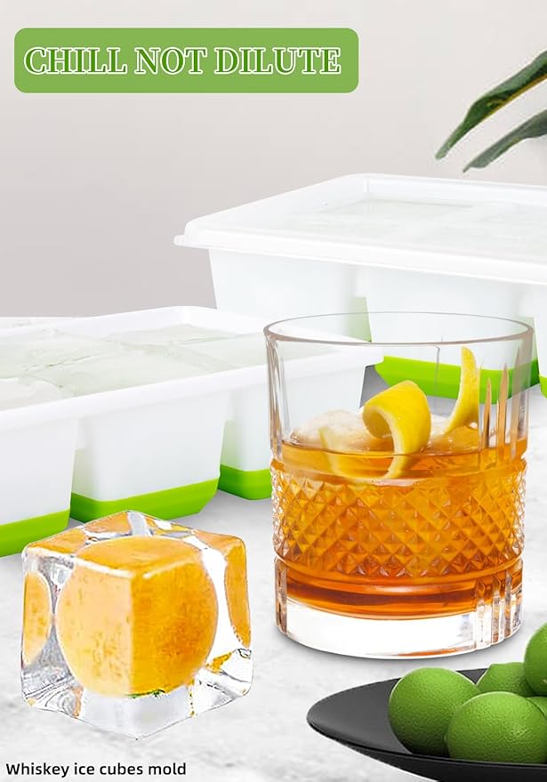 2 INCH Ice Cube Tray with Lid & Bin,Square Large Ice Cube Molds | ice trays for freezer with lid and bin, Silicone Base & Stackable Design, Whiskey Ice Cubes Mold for Coffe,Cocktail,Whiskey
