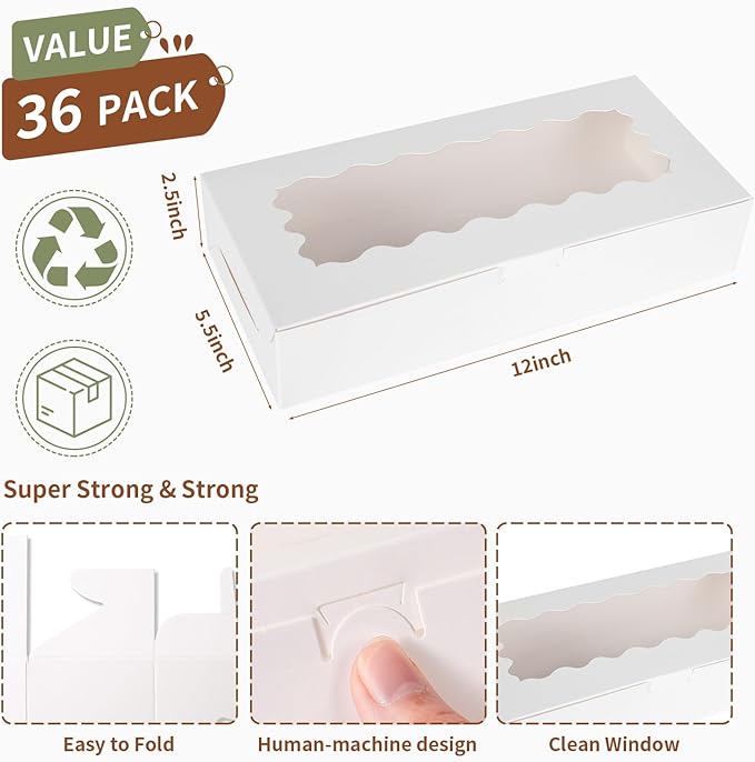 36 pcs Cookie Boxes,12x5.5x2.5 Inch Bakery Boxes with Window for Pies Chocolate Strawberries Muffins Donuts Pastry Dessert Christmas(White)